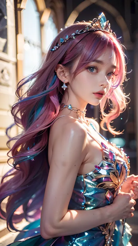 best quality，masterpiece，16k，1girl, bangs, bare shoulders, breasts, crown, crystal, dress, from side, gem,Colorful crystals,Crys...