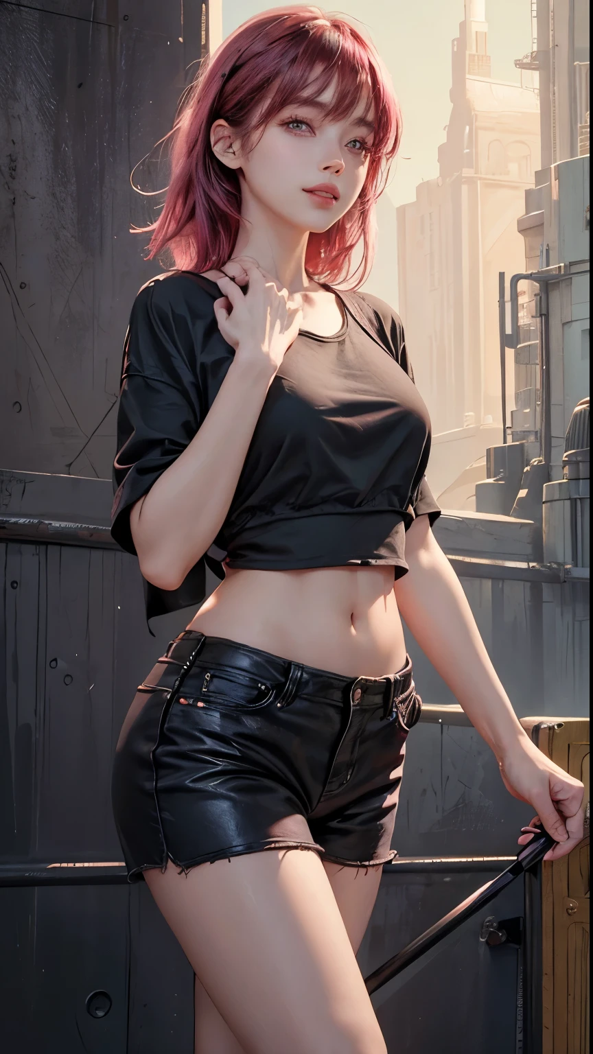 best quality, masterpiece, (photorealistic:1.4), 1girl, light smile, black crop top & black short , waist up, dramatic lighting, from below, pink hair with bangs, red pupils,  holding snack on right hand,4k