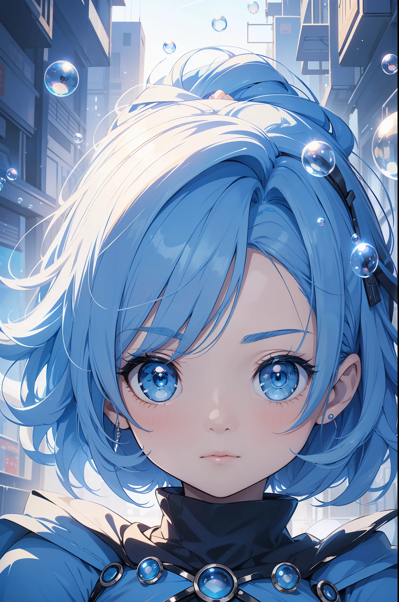 face focuasterpiece、highest quality、The background is cyberspace、Digital Art Style Baby Chibi、big head、perfect face、cute face、highly detailed face，(blue hair:1.3)，(shining blue eyes:1.3)，(blue costume:1.3)、pearl、bubble，Soap bubble，Sparkling、Depth of the bounds written、highest resolution、beautiful graphics、super detailed