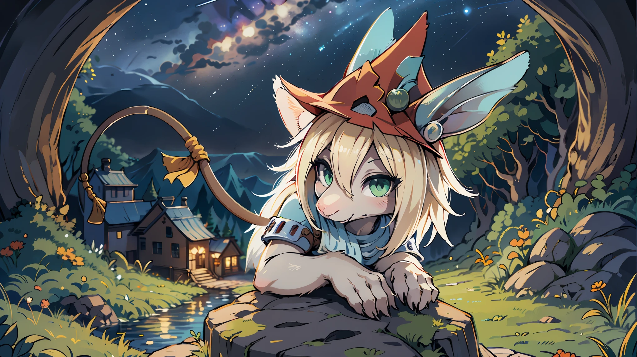 freya crescent (final fantasy), furry, solo, hat , white hair , green eyes , mouse tail , tail ribbon , snout city , ruins , rain , brick road,cute,super high quality,highest quality,beautiful,mouse ear,smile,chibi,night