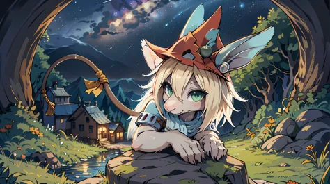 freya crescent (final fantasy), furry, solo, hat , white hair , green eyes , mouse tail , tail ribbon , snout city , ruins , rai...