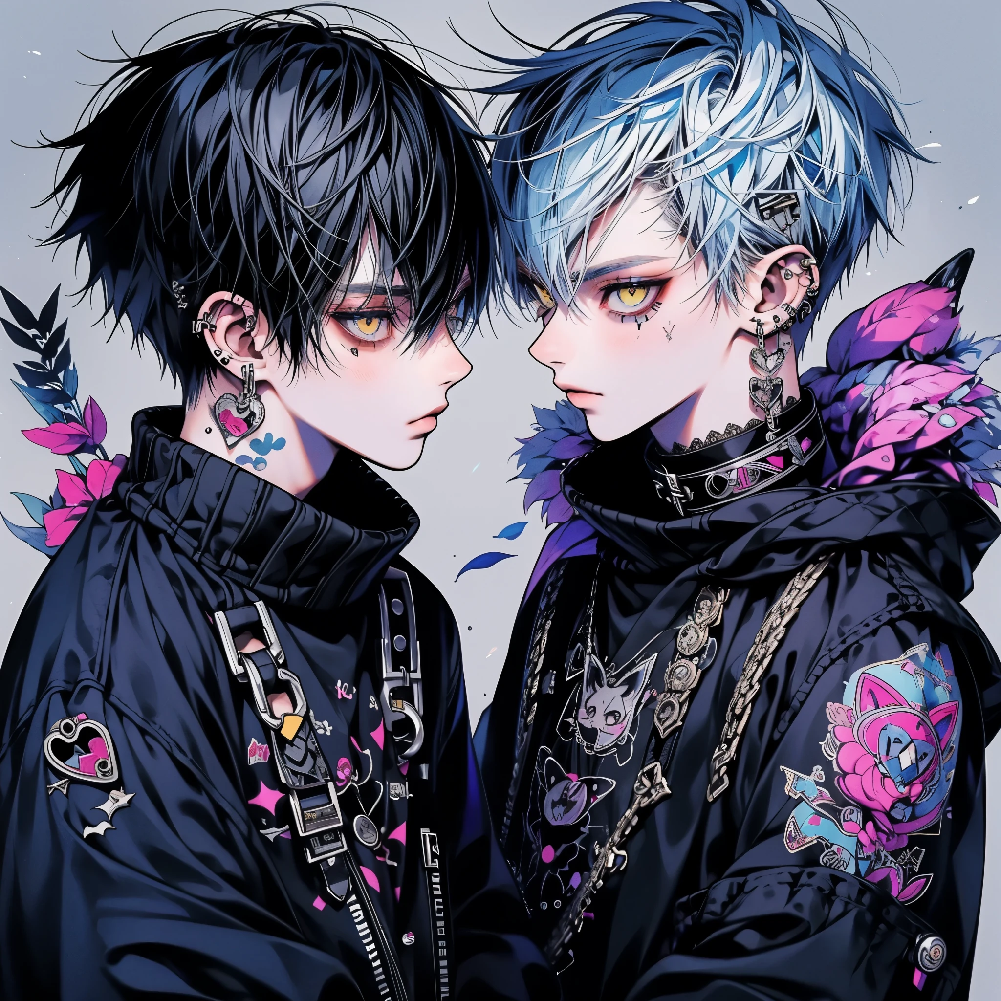 Two anime guys with blue hair and black jackets are facing each other -  SeaArt AI