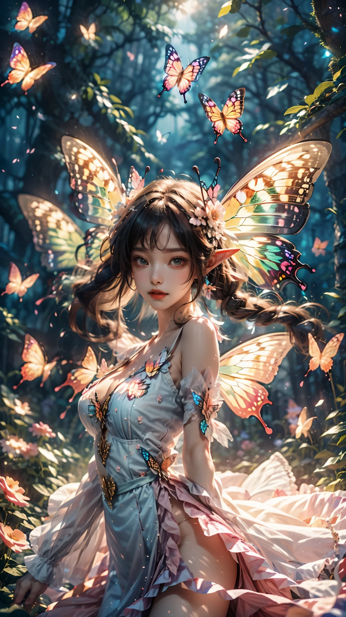 1girl,Butterflies on the Head, antennae, blurry, blurry background, brown hair, butterfly, butterfly hair ornament, butterfly on hand, butterfly wings, cleavage, fairy, fairy wings, flower, flying, (glowing butterfly:1.3), (glowing wings:1.3),hair ornament,insect wings, lips, long hair, medium breasts, motion blur, multicolored wings, nature, pink wings, pointy ears, purple wings, solo, transparent wings, white butterfly, white wings, wings, yellow butterfly, yellow wings,Dawn Elf,dawn,glow,Glowing wings,Dress,Multiple butterflies,Glowing Butterfly,Super large wings, 1girl, eluosi