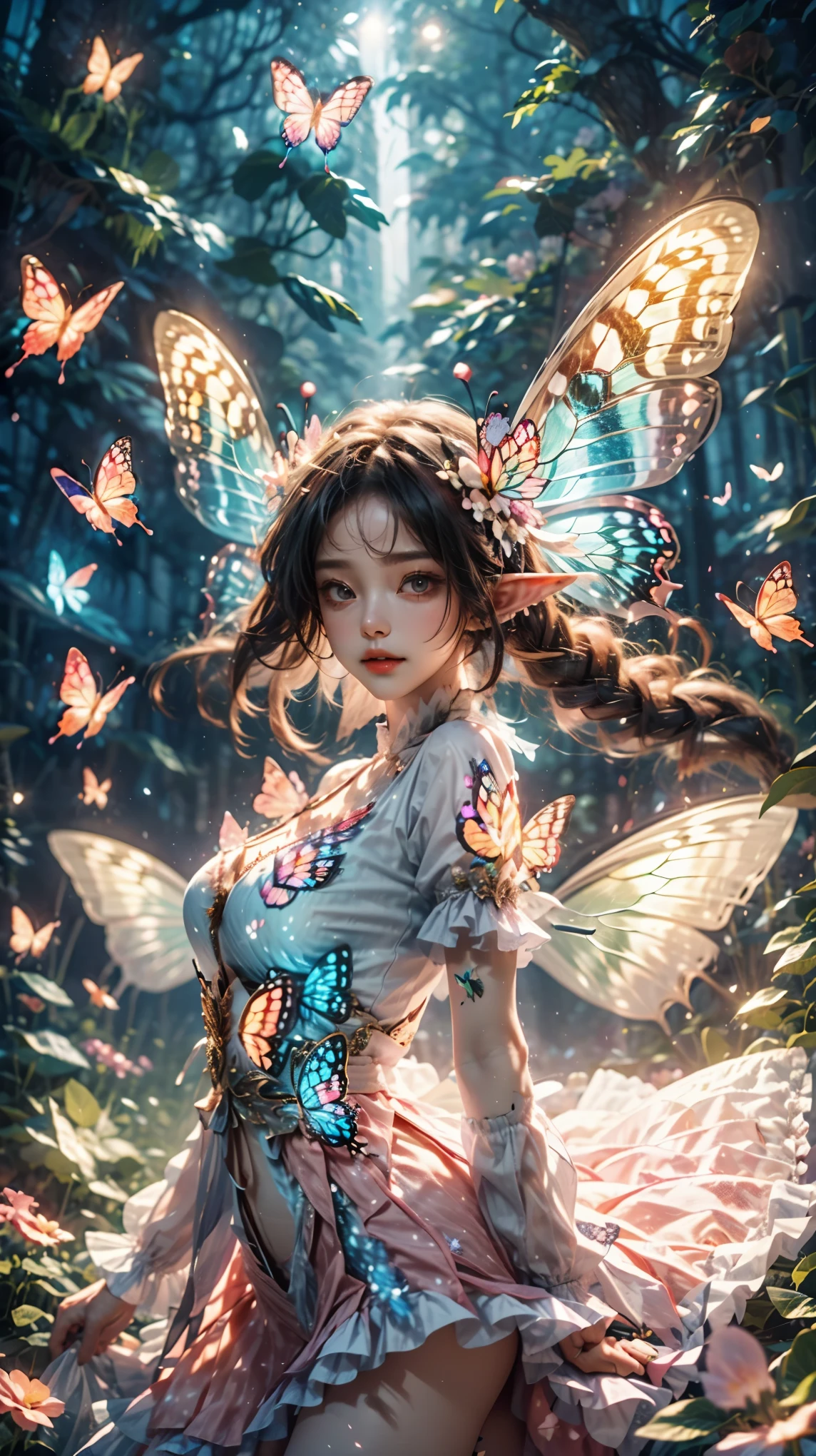 1girl,Butterflies on the Head, antennae, blurry, blurry background, brown hair, butterfly, butterfly hair ornament, butterfly on hand, butterfly wings, cleavage, fairy, fairy wings, flower, flying, (glowing butterfly:1.3), (glowing wings:1.3),hair ornament,insect wings, lips, long hair, medium breasts, motion blur, multicolored wings, nature, pink wings, pointy ears, purple wings, solo, transparent wings, white butterfly, white wings, wings, yellow butterfly, yellow wings,Dawn Elf,dawn,glow,Glowing wings,Dress,Multiple butterflies,Glowing Butterfly,Super large wings, 1girl, eluosi