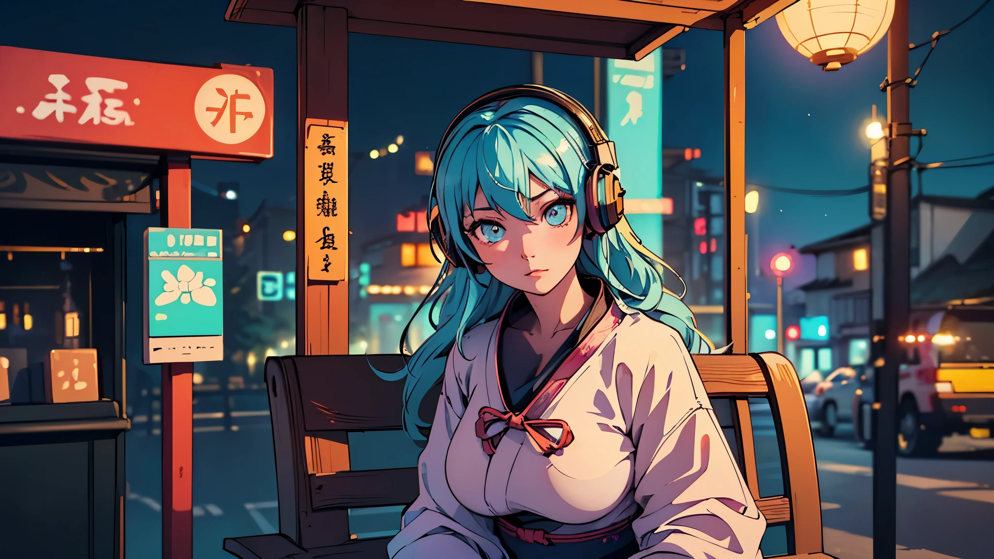 (highest quality,Edo period town、be familiar with,perfect face,beautiful woman listening to music,sitting at the bus stop,cyberpunk look、unusual hair color,soft lighting,Bright colors,sparkling ornaments,night,peaceful atmosphere,Cozy background,expressive eyes,flowing hair,Headphones On,bright eyes,Likeable character、alone、big breasts