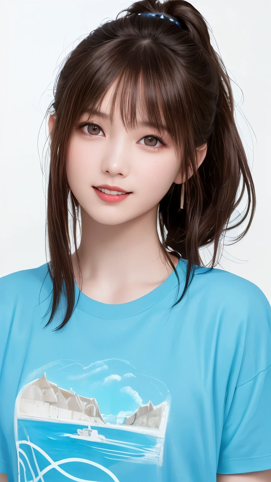 (highest quality、8k、32K、masterpiece)、(realistic)、(Photoreal:1.2)、(High resolution)、Super detailed、very beautiful face and eyes、1 girl、round and small face、thin waist、delicate body、(close、highest quality、high detail、rich skin details)、(highest quality、8k、oil paint:1.2)、Super detailed、(realistic、realistic:1.37)、bright colors、(((cheeks are flushed)))、(((I'm blonde)))、(((laughter)))、(((bust shot)))、(((white background)))、((short hair、ponytail))、(((Pure white wall background)))、(((she is wearing a blue t-shirt)))、(((pure white wall background)))、(((blue and light blue clothes)))、(((The shirt has a picture of the sea written on it.)))、(((It is a short sleeve T-shirt)))、(((stylish outfit)))、(((I&#39;m combing my hair up)))