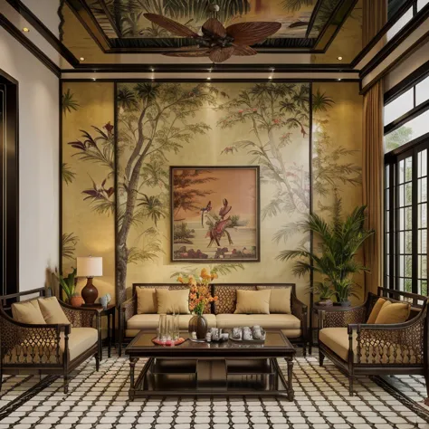 raw photo, masterpiece, high quality, best quality, authentic, super detail, interior, indoors, indochine livingroom with couch,...