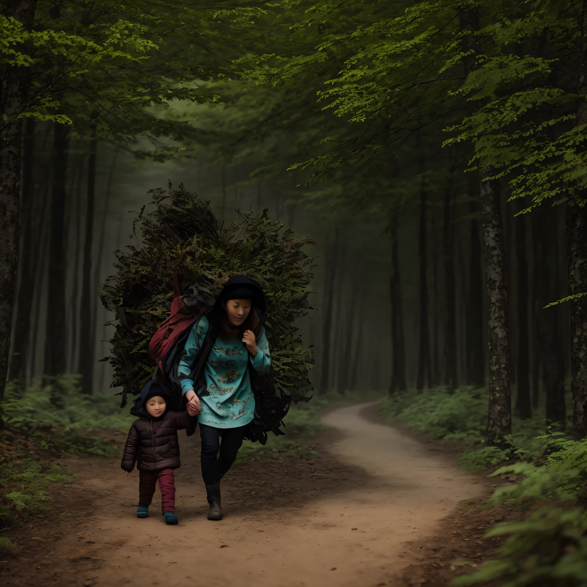 photography，The background is the virgin forest，Dense forest，forest path，mist，strong light and shadow，pastel colors，thin strokes，The character has a heavy expression，（Serious），Quiet，canon camera，raw,8k,人像photography，Super details，Super real，获奖photography，masterpiece