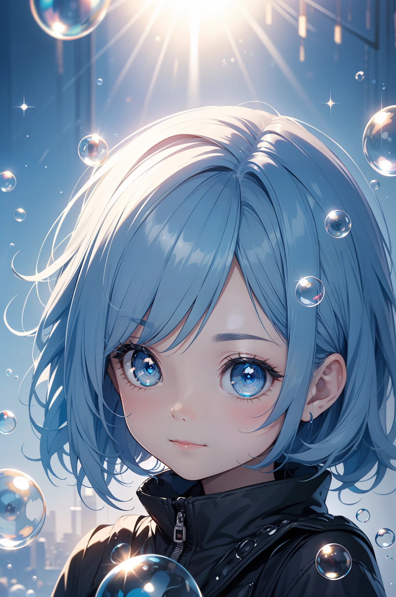 face focuasterpiece、highest quality、highest resolution、The background is cyberspace、Digital Art Style Baby Chibi、big head、perfect face、cute face、highly detailed face，(blue hair:1.3)，(shining blue eyes:1.3)，blue costume、pearl、bubbles，bubble，Soap bubble，Sparkling、Backlight