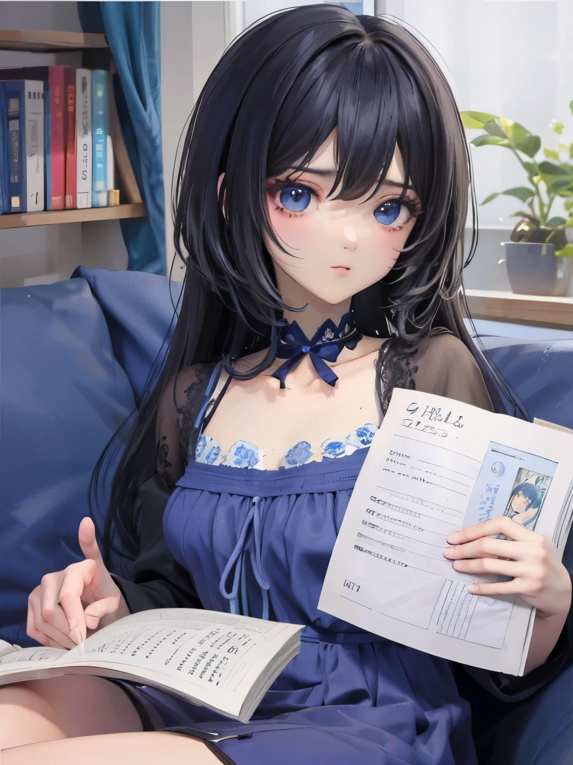 Anime girl in blue dress reading a book on a couch - SeaArt AI