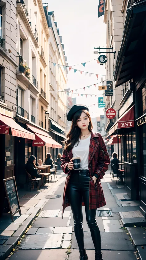 (masterpiece), (best quality), 1girl, black beret, red plaid coat, black leggings, brown oxford shoes,holding a cup of coffee, s...