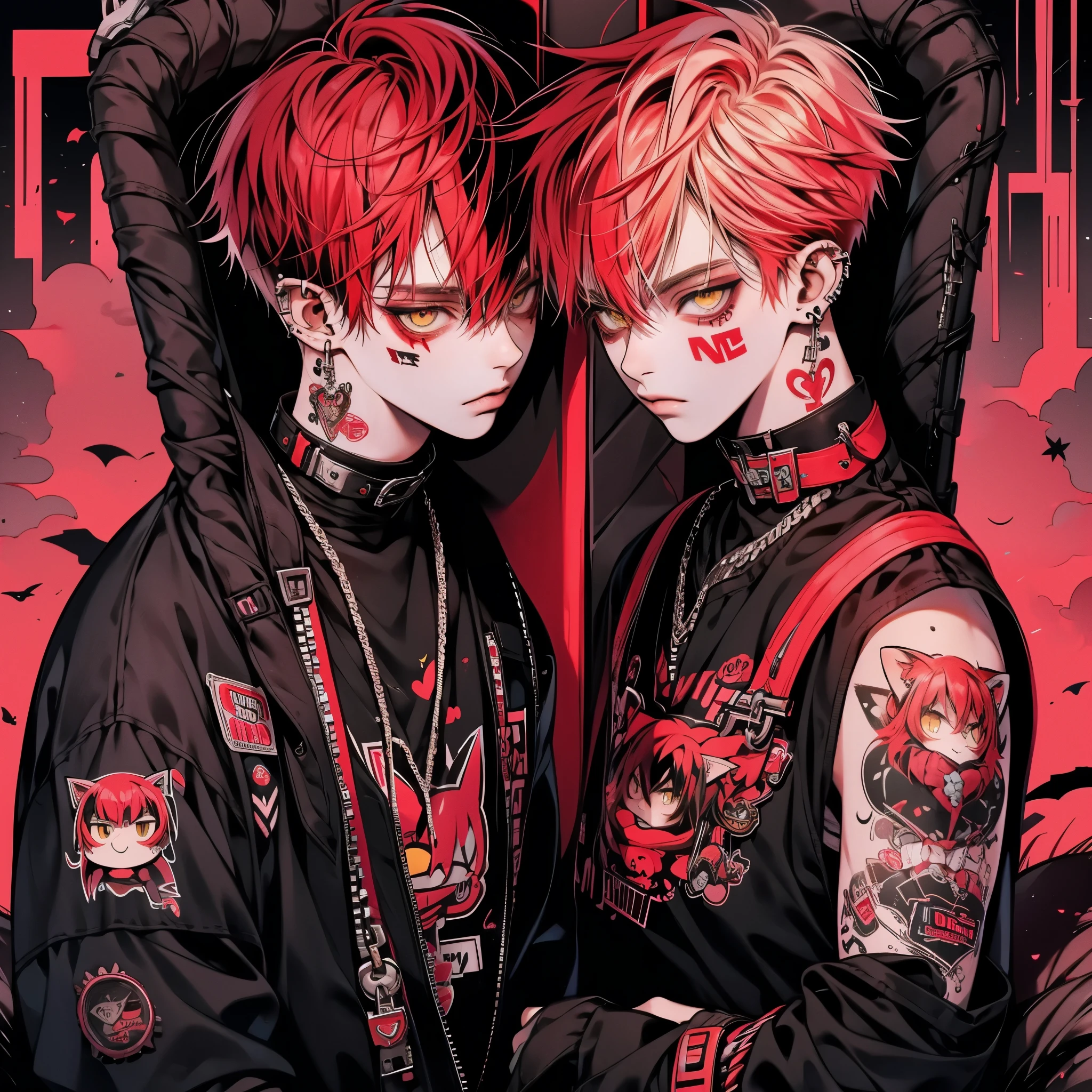 Two anime characters with red hair and tattoos standing next to each other  - SeaArt AI