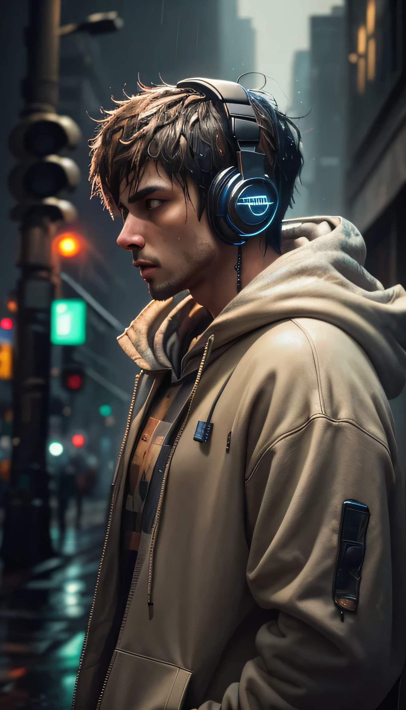 (dark shot:1.1), epic realistic, masterpiece, boy alone, solo, incredibly absurd, hoodie, headphones, street, outdoor, rain, neon,, faded, (neutral colors:1.2), (hdr:1.4), (muted colors:1.2), hyperdetailed, (artstation:1.4), cinematic, warm lights, dramatic light, (intricate details:1.1), complex background, (rutkowski:0.66), (teal and orange:0.4)