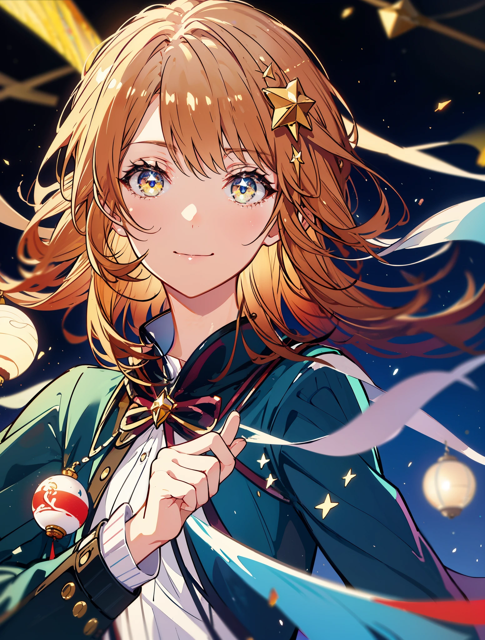 irohaisshiki, iroha isshiki, short hair, brown hair, (brown eyes:1.5), smile,(colorful glowing lanterns),((A night sky filled with colorful cute creatures flying around)),((big full moon)),((Sparkling and colorful stars)),fluffy hair,,slightly red tide,((brown eyes)),((Idol style costume with soft volume)),long skirt,Pointed shoes,((gorgeous wizard hat)),((witch)),(magic wand with a jewel on the tip),smile,Kamimei,((側面shape))
break outdoors, forest,forest
break looking at viewer,
break (masterpiece:1.2), highest quality, High resolution, unity 8k wallpaper, (shape:0.8), (thin and beautiful eyes:1.6), highly detailed face, perfect lighting, Very detailed CG, (perfect hands, perfect anatomy),