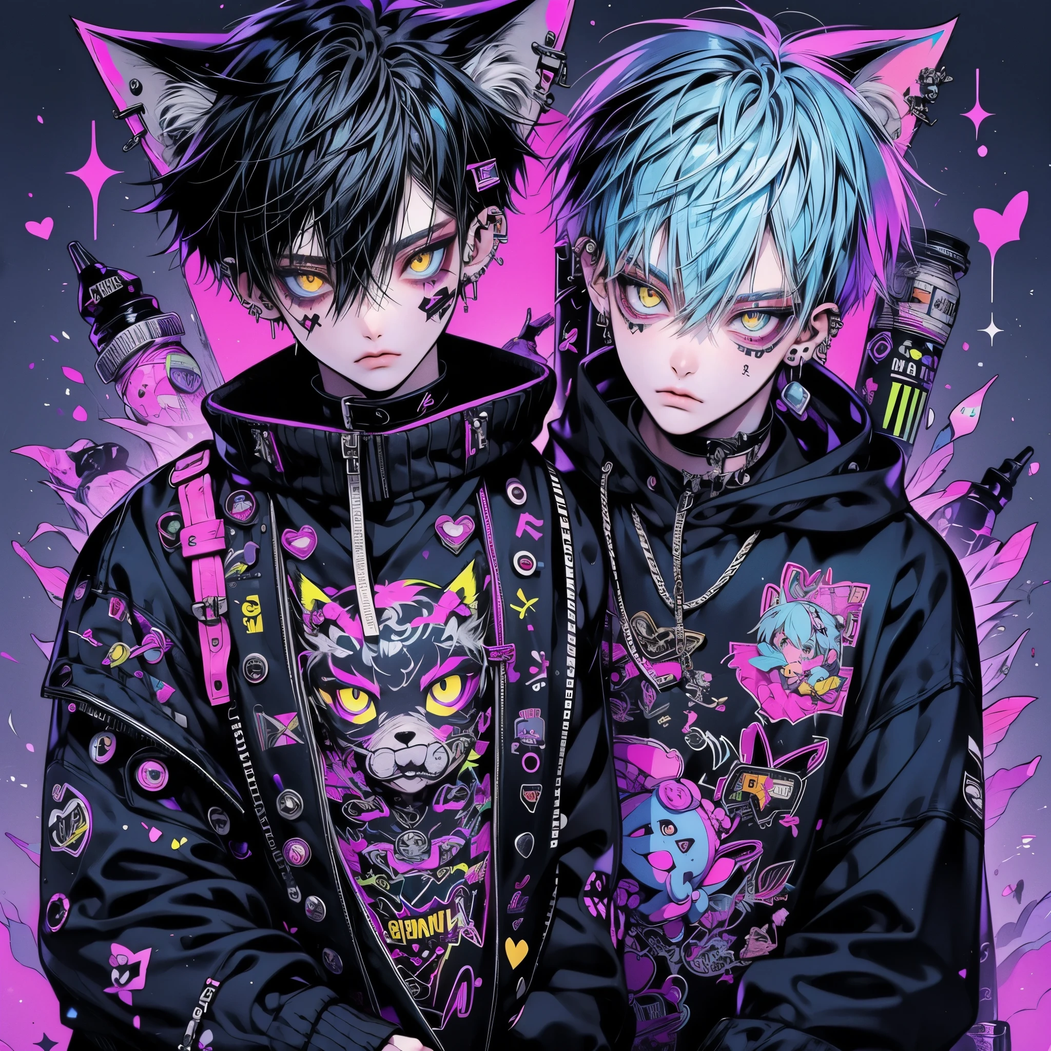 Two anime characters with blue hair and black jackets - SeaArt AI