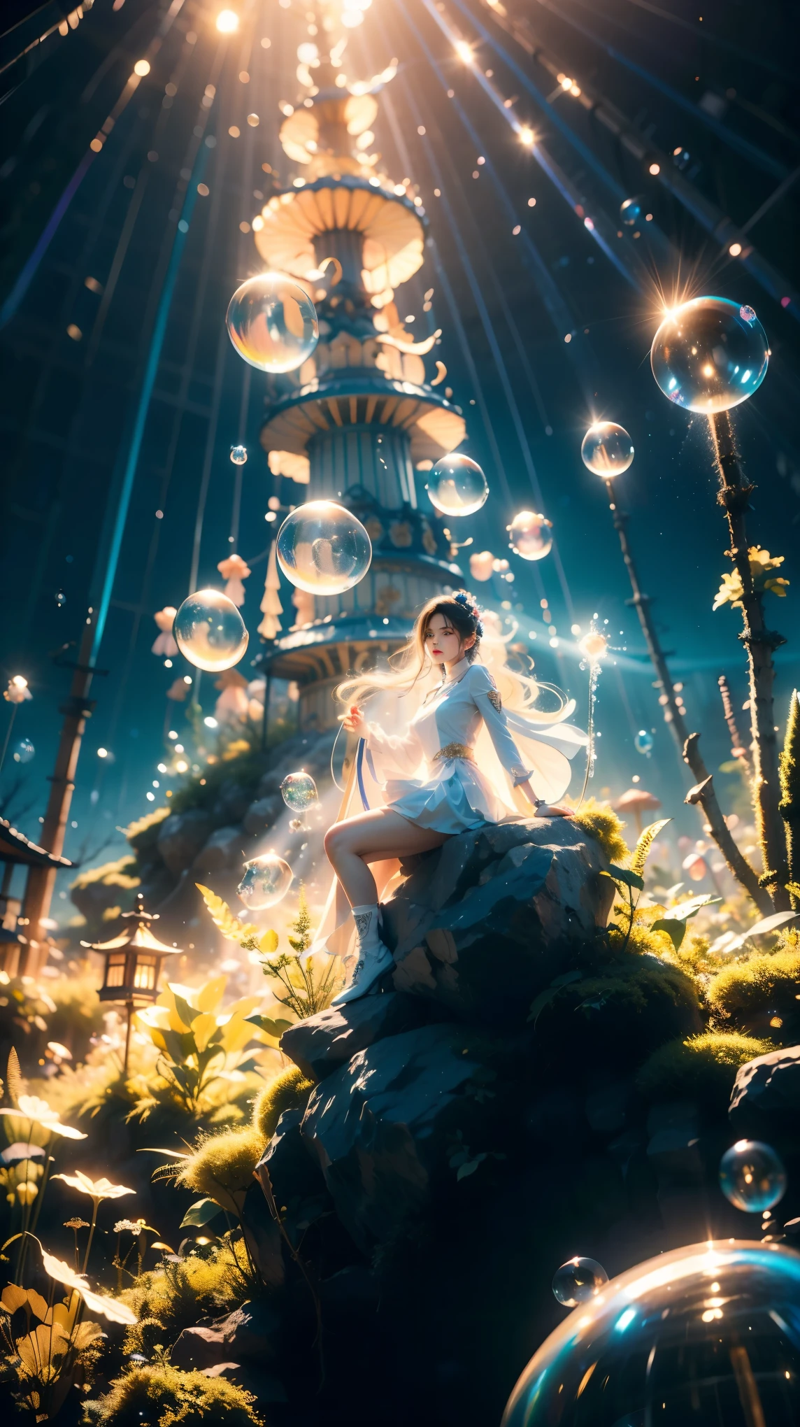 (Masterpiece), (Best quality),(bubble:1.5), 1girl,wearing Collectable Space Age Pearlescent Bracers, soft focus, Modern Art, （key light：1.2）,flower,jellyfish, Grayscale, glittering, runes,( Light streaks:1.3), （highly detailed：1.3）, 8K,jellyfishforest,,Fractal,smoke, cloud,Soaring through the clouds and mist, Colored hair,Colored smoke,moyou, Multidimensional diffraction paper, , glow, (\meng ze\),Hazy light,Optical particle,High brightness contrast