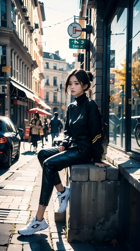 (masterpiece), (best quality),1girl, gray turtleneck sweater, black pants, simple white sneakers, sitting on a bench in the stre...