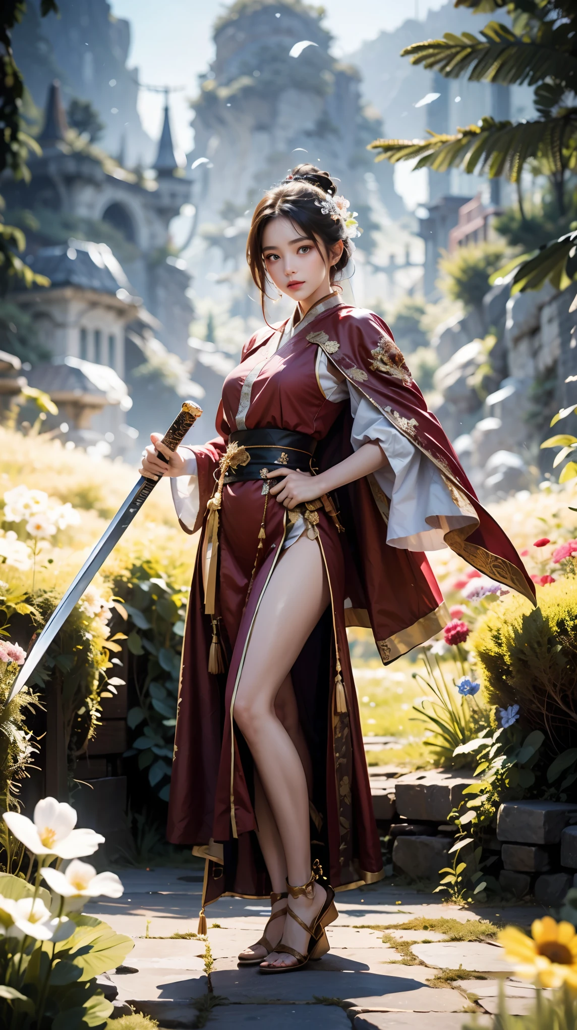 
(Good structure),HDR,UHD,8K,1girl,Her crimson robe was adorned with graceful flowers. Her legs were bandaged with beautiful flowers, and she was wielding her slender sword. Her eyes were as cold as ice, and her dancing was as light as the wind. In the valley of flowers, there were flowers, and in the morning of spring, with Dew and dew, which means mystery and power, 1girl, glow,Hazy light,Floodlight