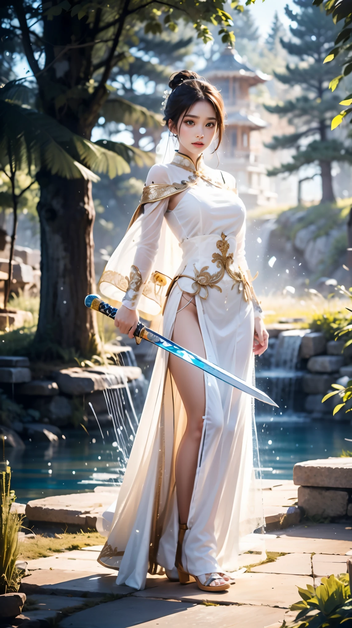 
(Good structure),HDR,UHD,8K,1girl,White rosewood, shoulder pearl, light makeup to ancient jade, celestial appearance dance sword, like a goddess down from the earth, glow, Blue Pool, Chi head, weeping willow such as weaving, residual light rouge, ornate, gorgeous gorgeous, dance sword elegant,, 1girl, glow,Hazy light,Floodlight