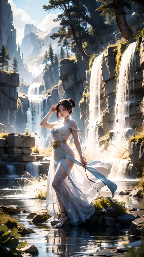 (Good structure),HDR,UHD,8K,1girl,The soapy cascading gown, the girdle around the waist, the cap on the head, the ancient sword ...