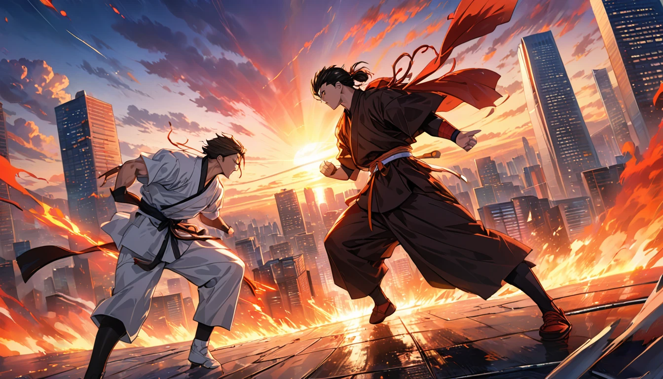 Anime illustration,, A dramatic and intense final showdown scene, where two skilled martial artists are engaged in a high-stakes battle. The background is a city skyline with tall, modern buildings, and a vibrant sunset. The atmosphere is a mix of adrenaline and suspense, with a sense of the stakes being higher than ever., high res, best quality, masterpiece, 