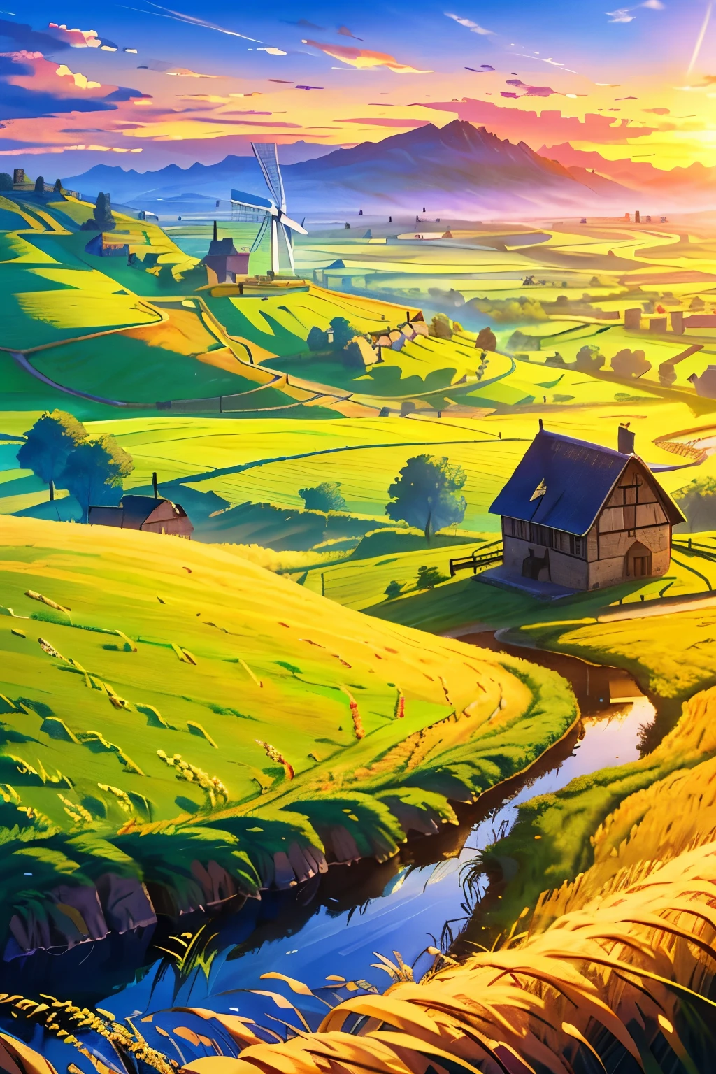 wheat fields, windmill, medieval times, valley, clouds, day, grass, small village, cobblestone road, straw hut, (masterpiece, best quality: 1.2)