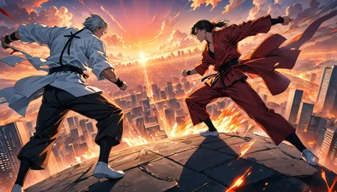 Anime illustration,, A dramatic and intense final showdown scene, where two skilled martial artists are engaged in a high-stakes...