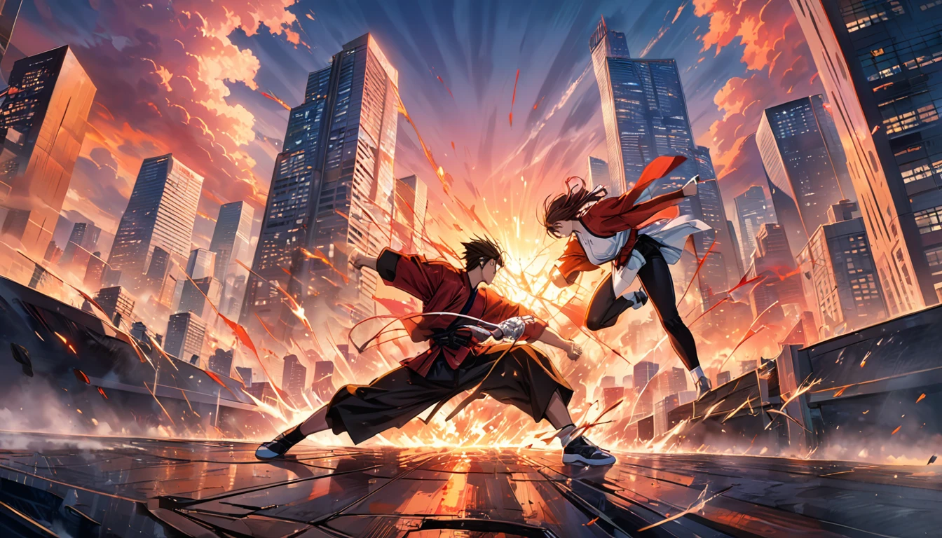 Anime illustration,, A dramatic and intense final showdown scene, where two skilled martial artists are engaged in a high-stakes battle. The background is a city skyline with tall, modern buildings, and a vibrant sunset. The atmosphere is a mix of adrenaline and suspense, with a sense of the stakes being higher than ever., high res, best quality, masterpiece, 