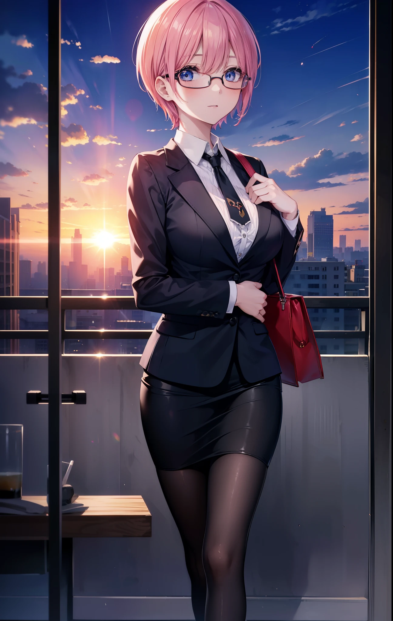 ichikanakano, ichika nakano, short hair, bangs, blue eyes, hair between eyes, smile,pink hair, big breasts , OL, red glasses, end, black suit jacket with open front, white dress shirt, collared shirt, neckline, button,black pencil skirt, black pantyhose, stiletto heels,sunset,夕方
break looking at viewer, whole body, ,walking,
break outdoors, In town,building street,
break (masterpiece:1.2), highest quality, High resolution, unity 8k wallpaper, (shape:0.8), (fine and beautiful eyes:1.6), highly detailed face, perfect lighting, Very detailed CG, (perfect hands, perfect anatomy),