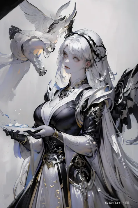 (black and white color scheme:1.4)a close up of a woman with a white dress on, chengwei pan on artstation, by yang j, detailed f...