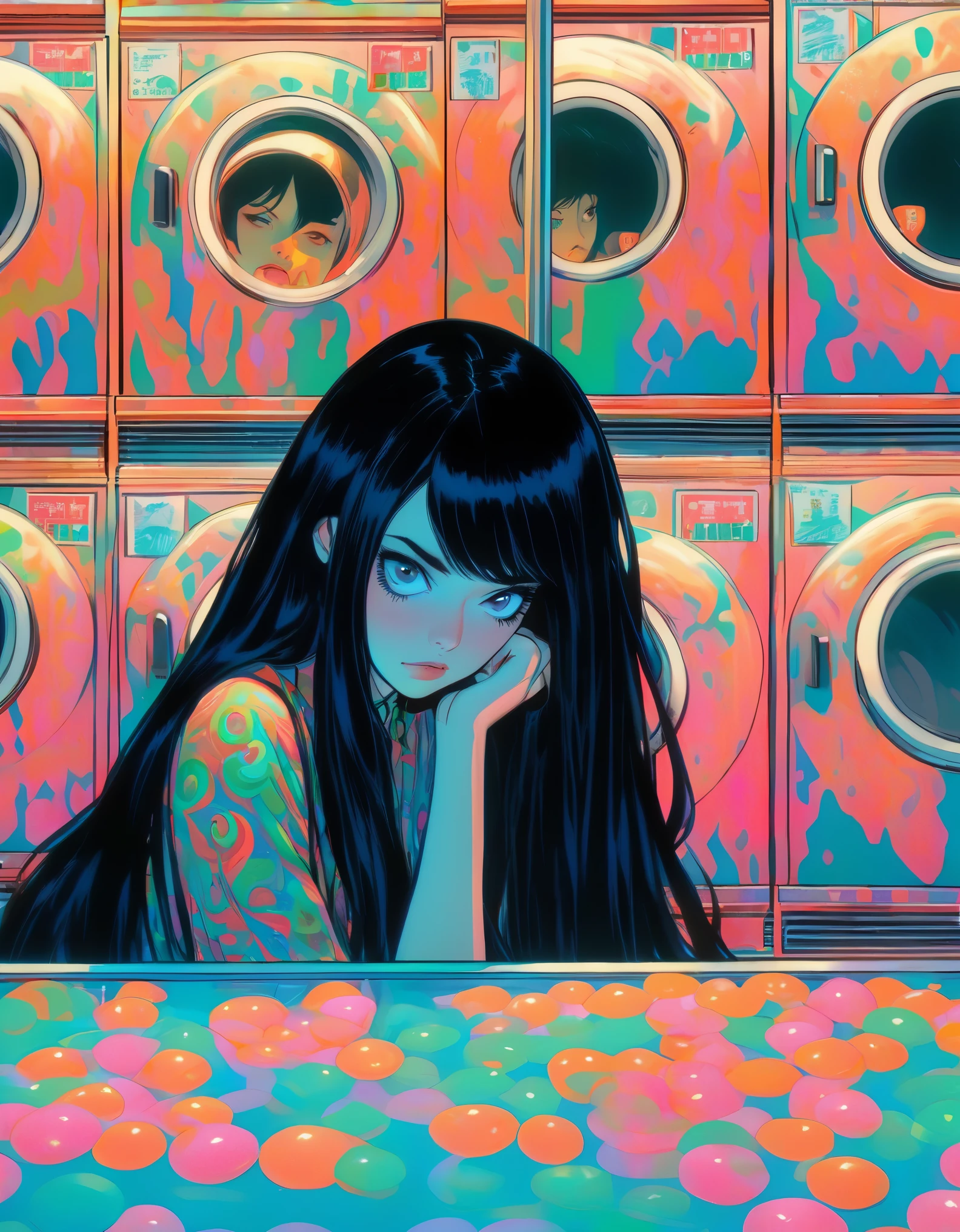 Woman,  long black hair,Bust , bored,  waiting at a laundromat,  art by Junji Ito,  art by Martine Johanna,  anime network,  anime style