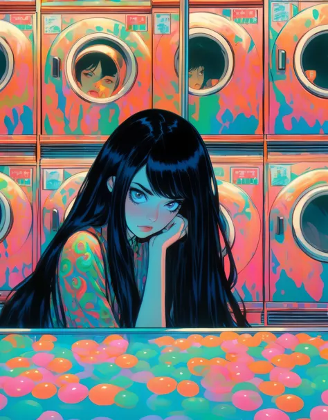 woman,  long black hair,bust , bored,  waiting at a laundromat,  art by junji ito,  art by martine johanna,  anime network,  ani...