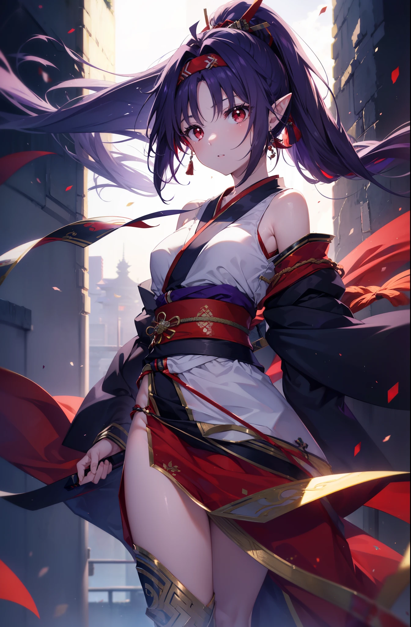 yuukikonno, Yuki Konno, hair band, long hair, pointed ears,ponytail, purple hair, (red eyes:1.5), (small breasts:1.2), open your mouth,red kimono,Purple too,white foot bag,grass sandals,Japan sword 1:1 Hold the grip in your hand,
break looking at viewer, Upper body, whole body,
break outdoors, medieval europe cityscape,
break (masterpiece:1.2), highest quality, High resolution, unity 8k wallpaper, (shape:0.8), (thin and beautiful eyes:1.6), highly detailed face, perfect lighting, Very detailed CG, (perfect hands, perfect anatomy),