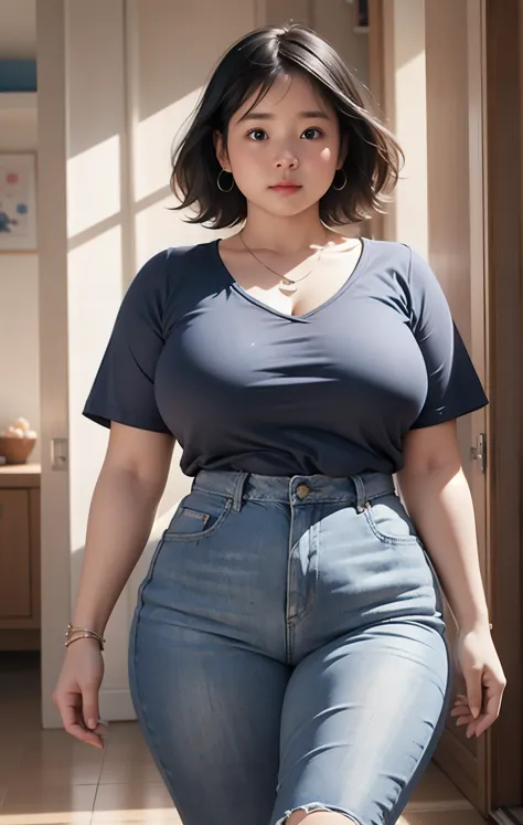 ((best quality)), ((masterpiece)), (detailed), perfect face, araffe woman in a dark-blue shirt and blue denim skirt walking down a dark room, thicc, she has a jiggly fat round belly, bbwchan, wearing tight simple clothes, skinny waist and thick hips, wides...