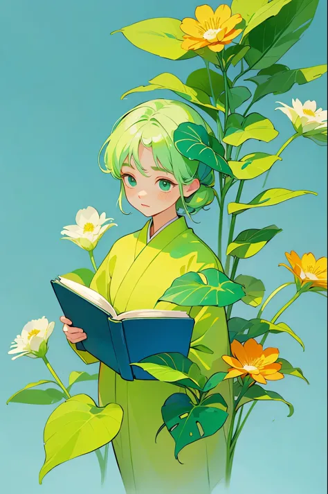 yxycolor，girl reading book ，Simple drawing、green，blue，orange color，illustration，green植物，A small number of flowers