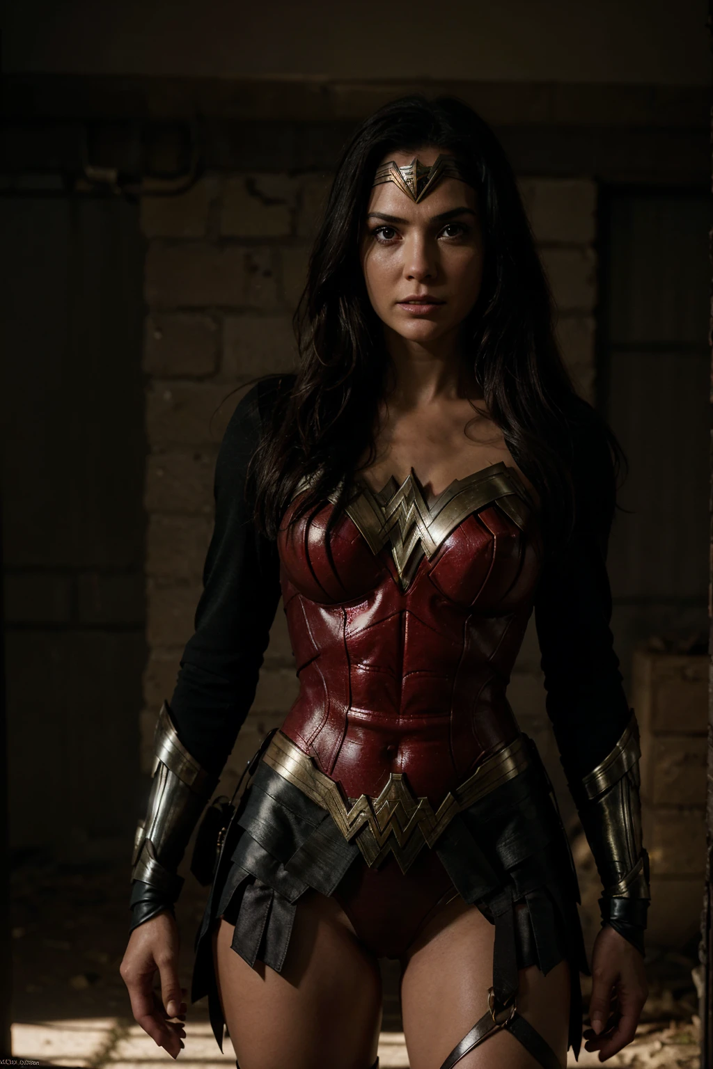 Wonder Woman is standing in a dark and mysterious environment. The scene is lit by a single light source, creating a sense of tension and suspense. The character is wearing a suit and tie, and their face is obscured by shadows. The image is rendered in high detail, with realistic textures and materials. The overall effect is a visually stunning and thought-provoking image that is sure to keep viewers engaged.
