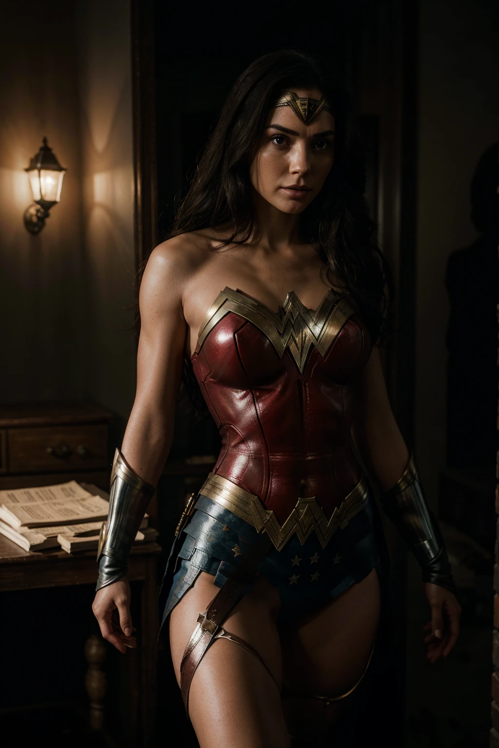 Wonder Woman is standing in a dark and mysterious environment. The scene is lit by a single light source, creating a sense of tension and suspense. The character is wearing a suit and tie, and their face is obscured by shadows. The image is rendered in high detail, with realistic textures and materials. The overall effect is a visually stunning and thought-provoking image that is sure to keep viewers engaged.
