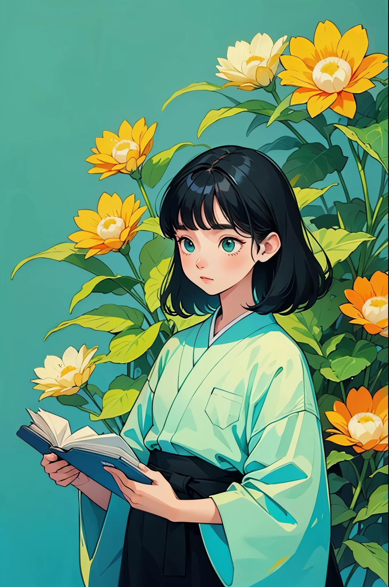 yxycolor，girl reading book ，coffee，Cat，black hair，Simple drawing、green，blue，orange color，illustration，green植物，A small number of flowers，clean background