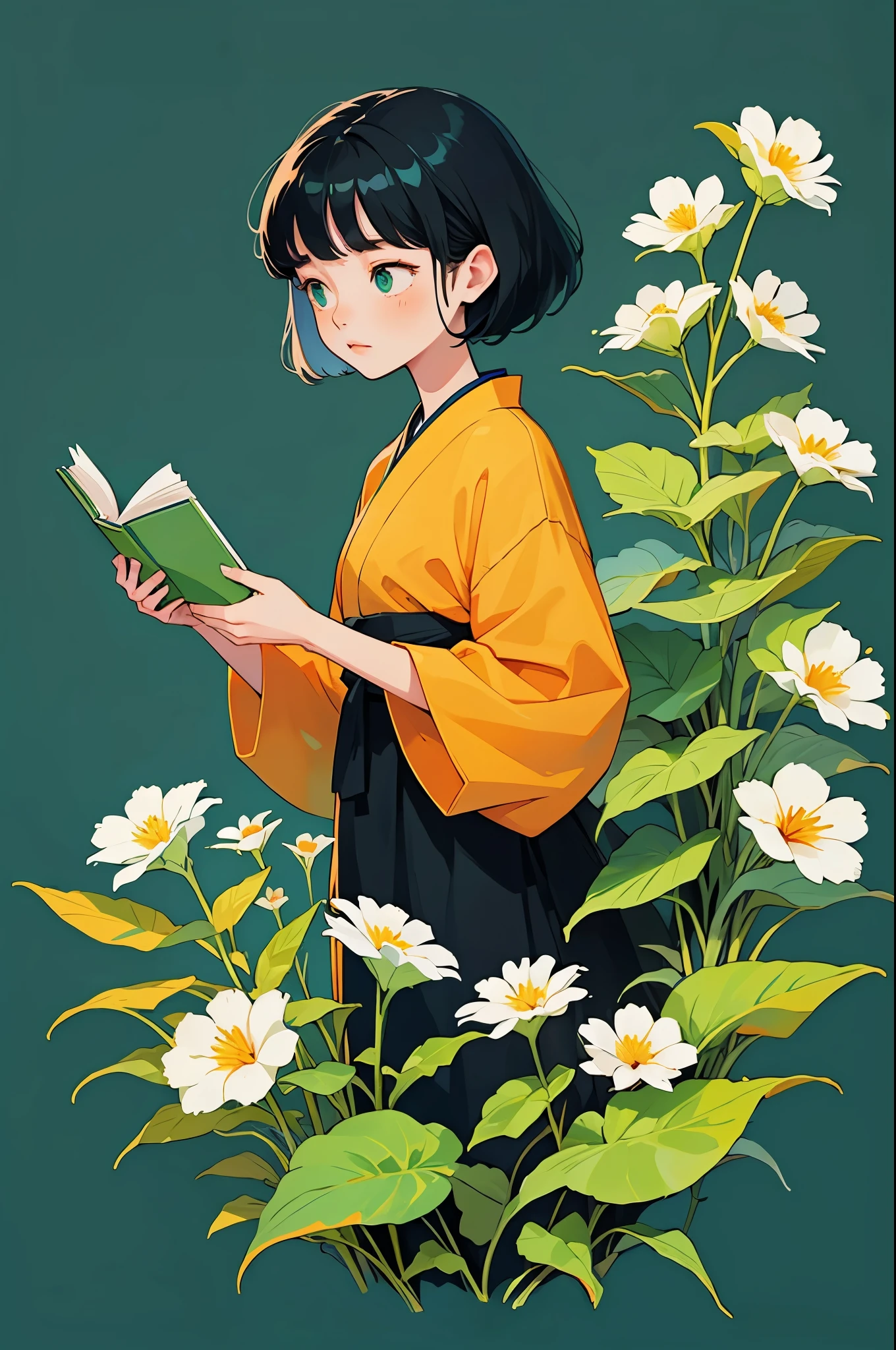 yxycolor，girl reading book ，coffee，Cat，black hair，Simple drawing、green，blue，orange color，illustration，green植物，A small number of flowers，clean background