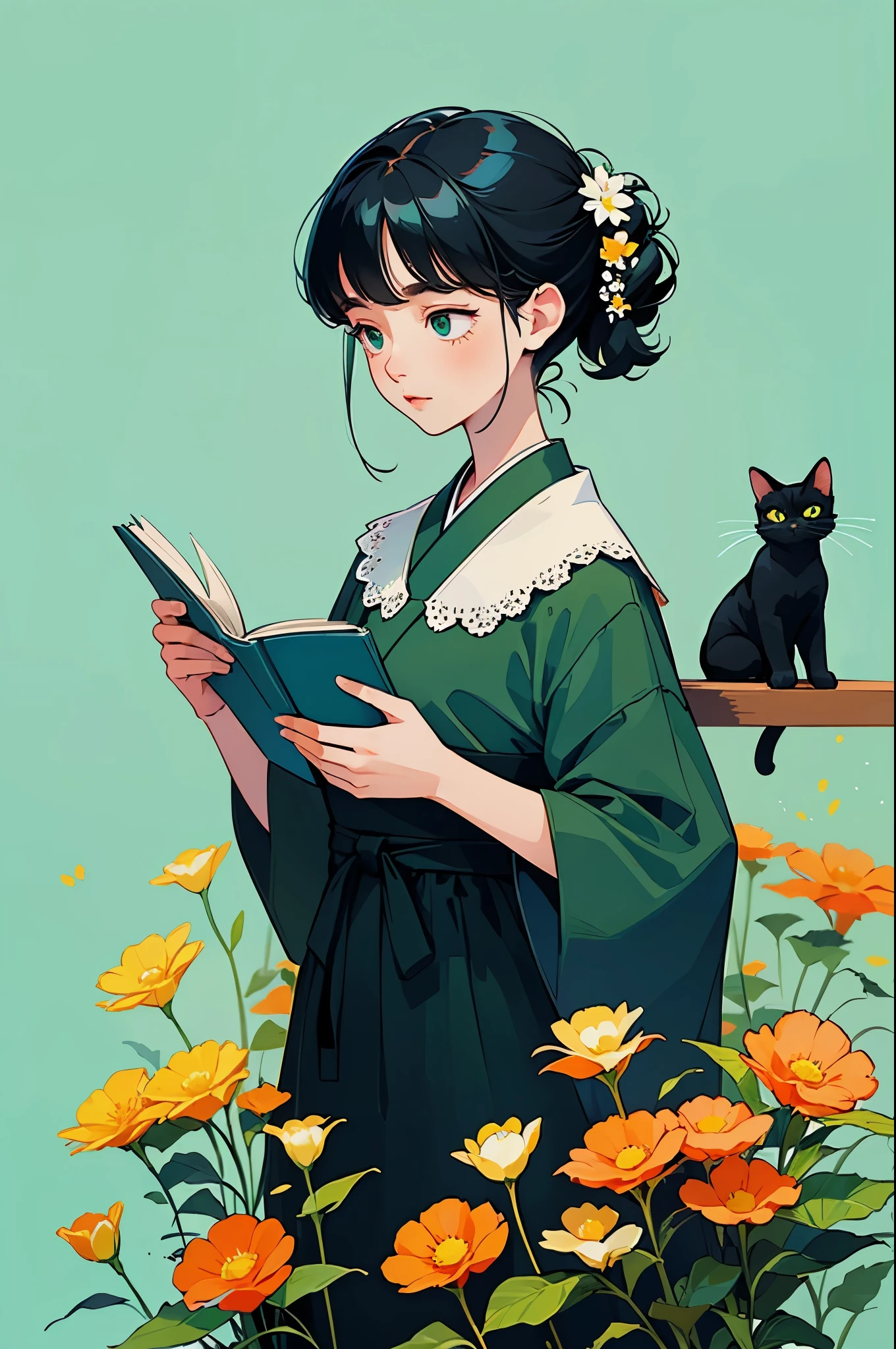 yxycolor，girl reading book ，coffee，Cat，black hair，Simple drawing、green，blue，orange color，illustration，green植物，A small number of flowers，clean background