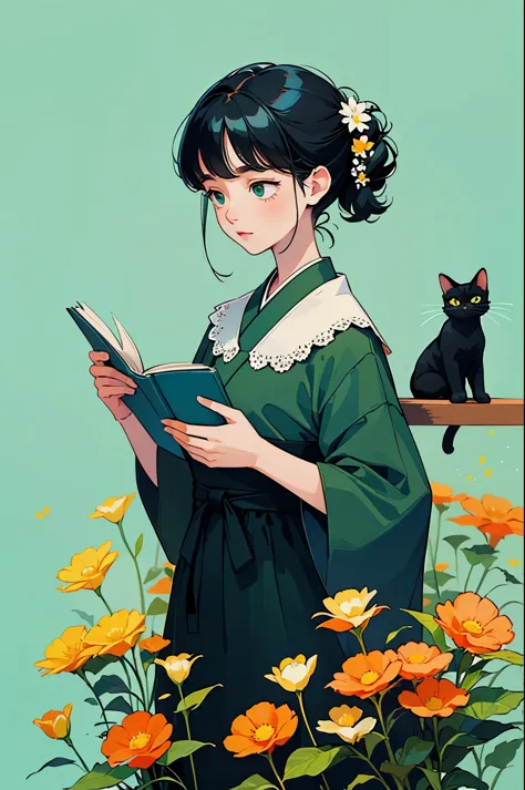 yxycolor，girl reading book ，coffee，Cat，black hair，Simple drawing、green，blue，orange color，illustration，green植物，A small number of ...