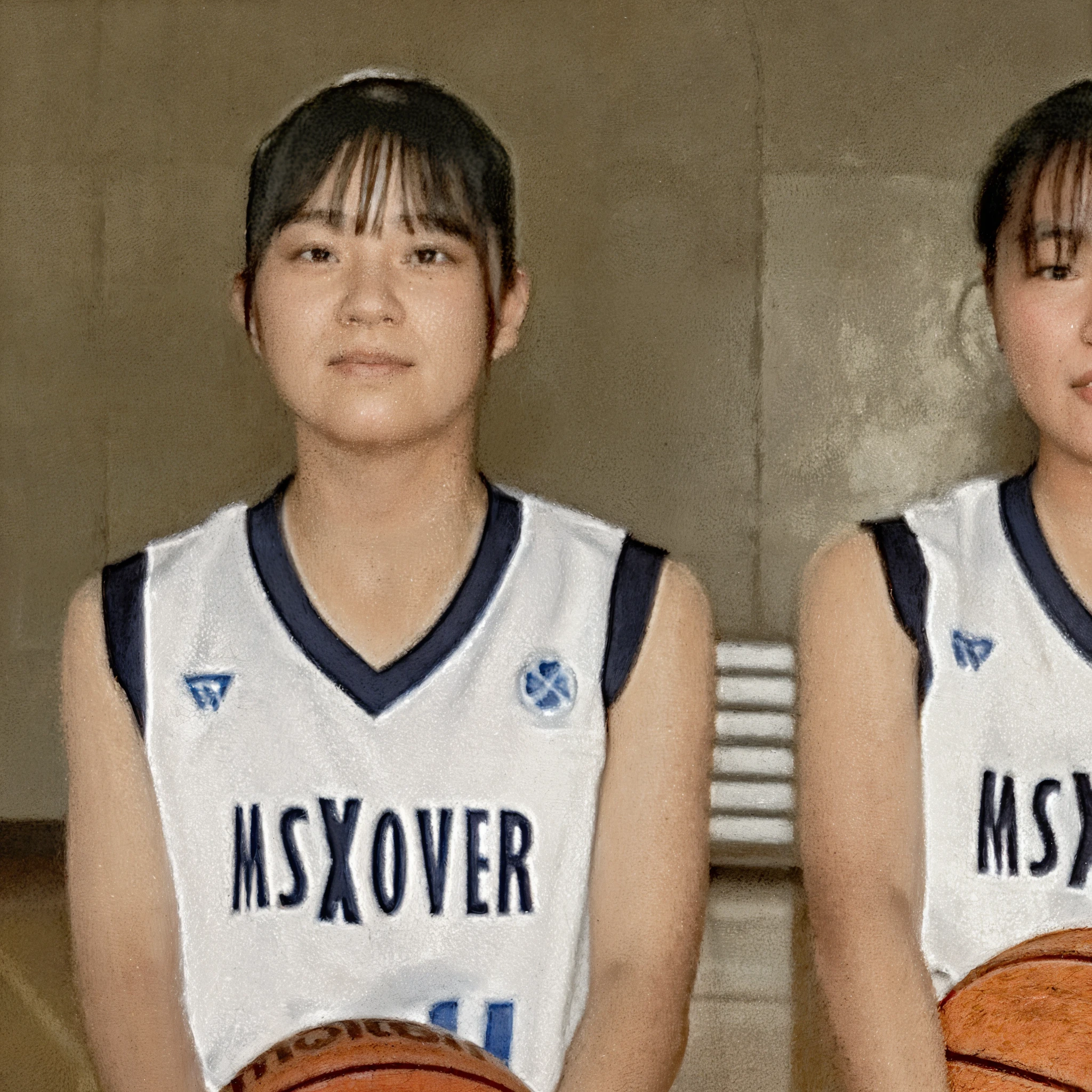 Dos chicas uniformadas sosteniendo pelotas de baloncesto frente a una  pared. - SeaArt AI