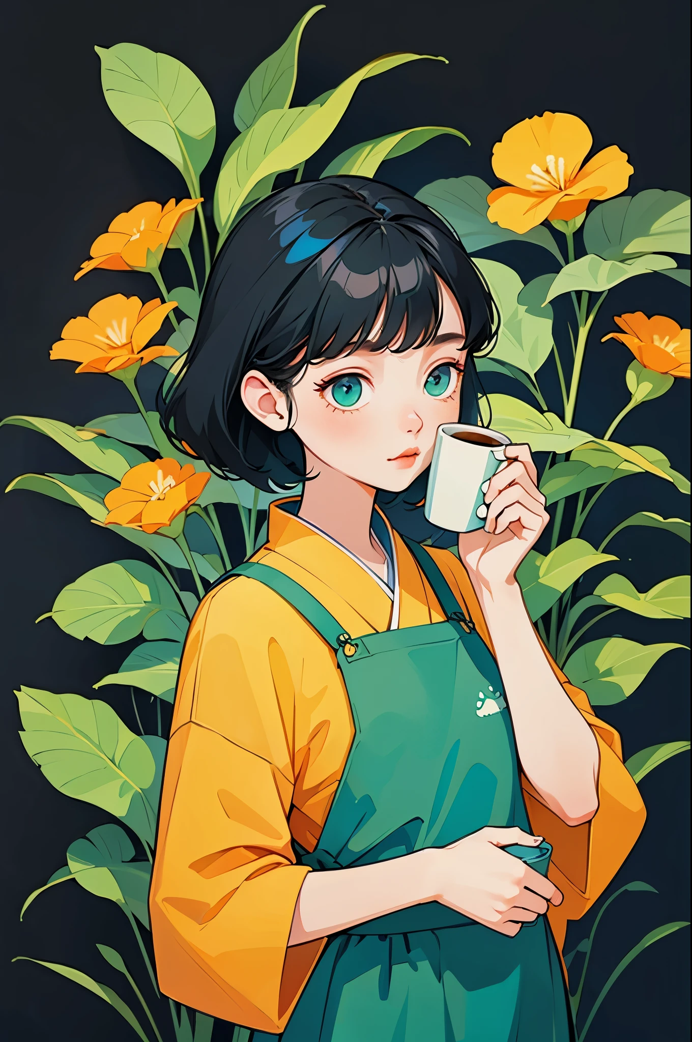 yxycolor，girl ，coffee cup，Cat，black hair，Simple drawing、green，Blue，orange collustration，green plants，A small number of flowers，clean background