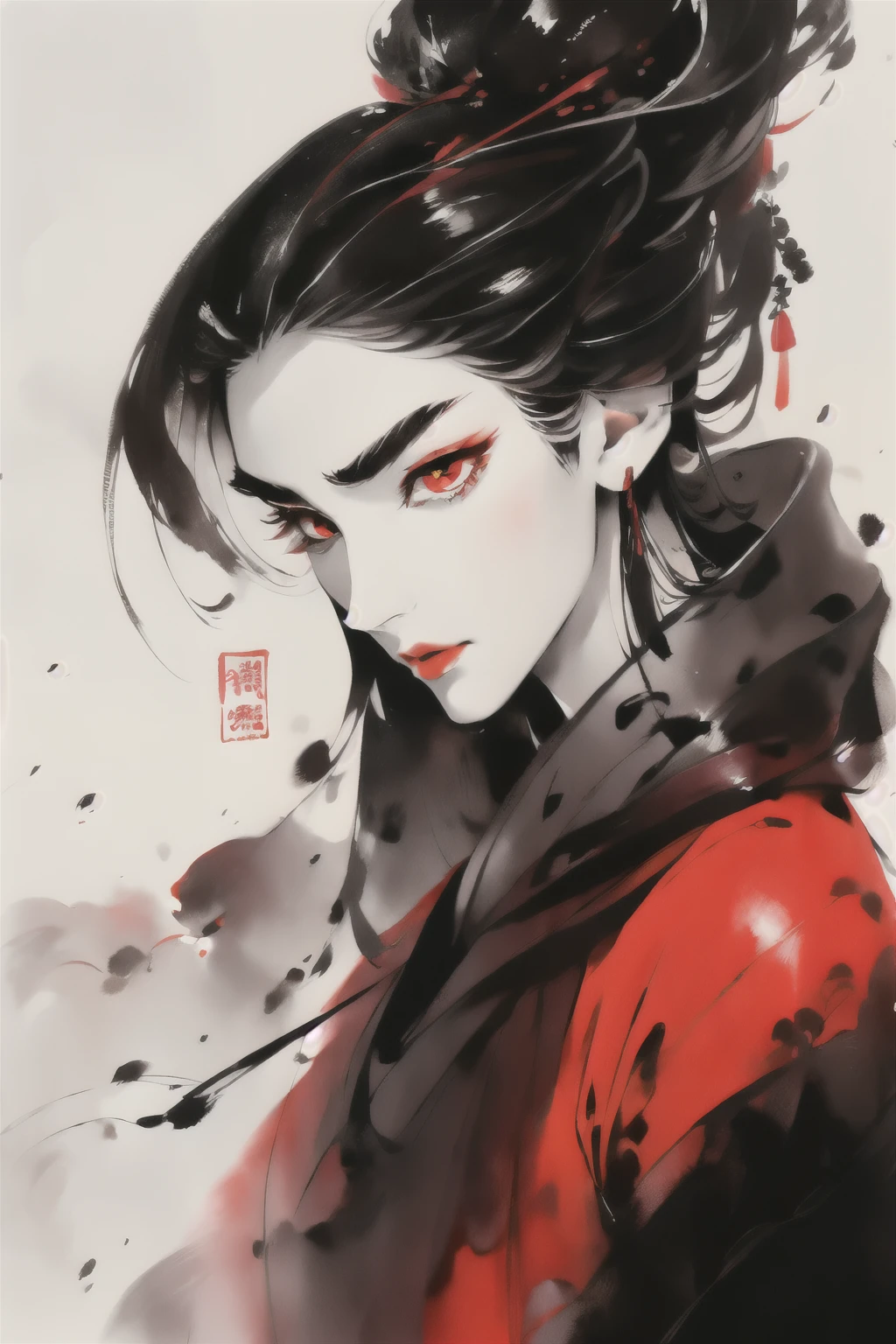 A villain with red eyes，18 years old，Half-length photo，Eyelashes are very long，Thin face，Tall，Expression details should be rich and specific，highest quality，Rich in details，Ink style