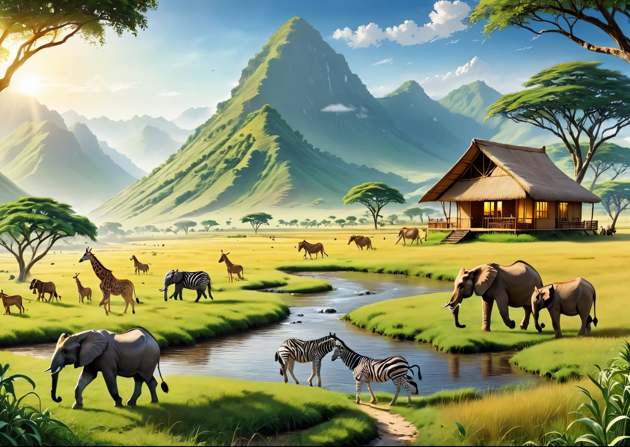 Animals playing in the wide grassland、giraffe、lion、Antelope、zebra、elephant、I can see some green trees、I can see the hut、sunny、Narrow River、A small mountain range in the distance、High color rendering、high detail