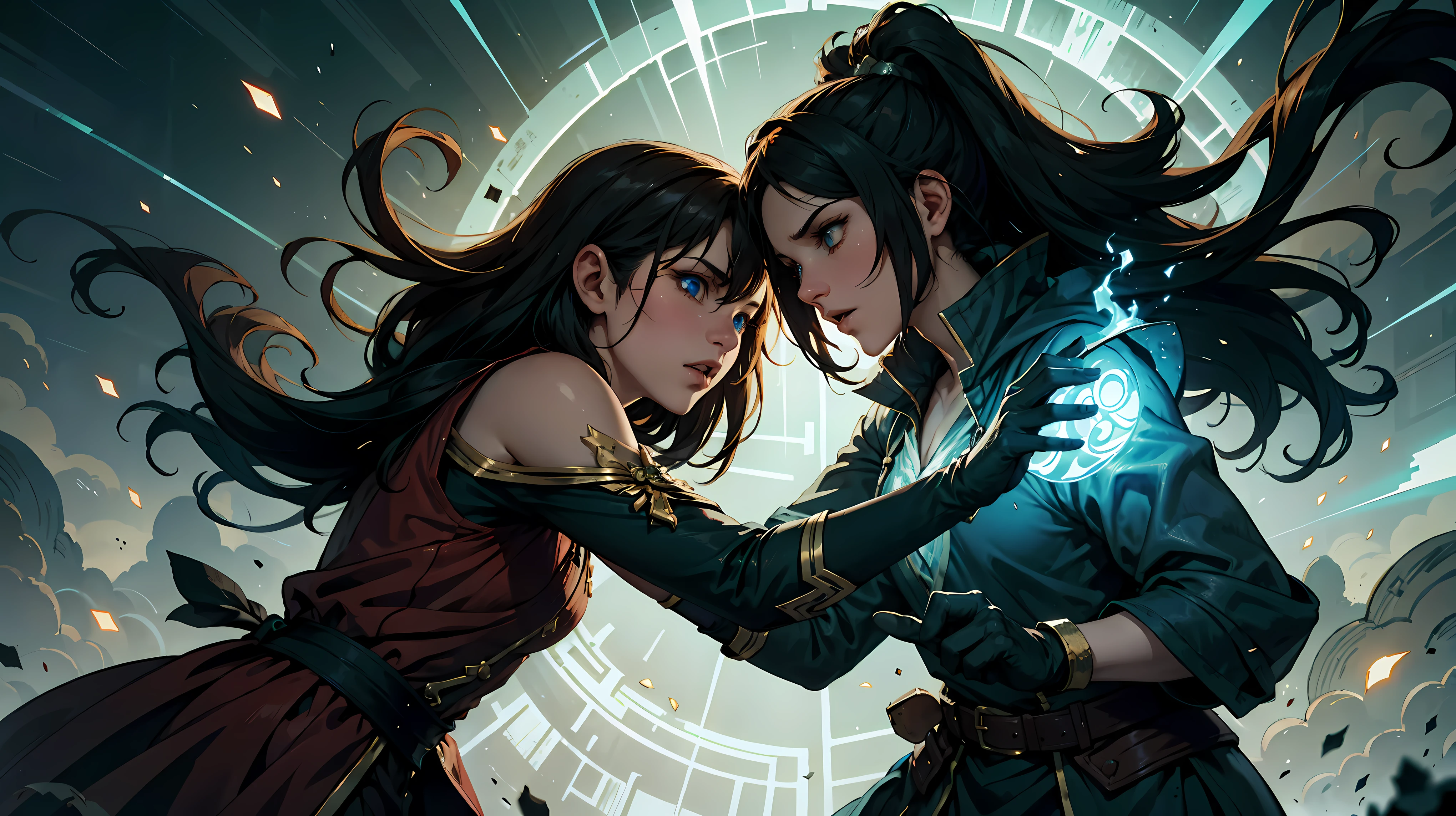 Title: "Epic Spell Duel: Final Showdown"

Prompt:

1. Transport viewers to a climactic anime scene, where two formidable female mages face off in a spellbinding final showdown.

2. Envision the mages wearing specialized magical hand gloves, imbued with ancient enchantments to amplify their spellcasting prowess.

3. Craft the scene with the distinct aesthetic of Stable Diffusion 1.5, emphasizing smooth transitions and fluid animations to enhance immersion.

4. Define the characters: one mage adorned in flowing robes with intricate magical motifs, the other in sleek attire adorned with pulsating runes on her gloves.

5. Illustrate the mages' movements with precision and grace, each gesture unleashing torrents of arcane energy in the air.

6. Illuminate the battlefield with dynamic lighting effects, casting dramatic shadows and highlights to heighten the intensity of the confrontation.

7. Introduce environmental elements such as swirling vortexes and crackling energy fields, adding depth and complexity to the magical ambiance.

8. Convey the fierce determination in the mages' expressions as they unleash devastating spells upon each other, their eyes ablaze with unyielding resolve.

9. Showcase the versatility of the magical gloves, as the mages weave intricate spells ranging from elemental blasts to ethereal shields.

10. Capture the ebb and flow of the battle with dynamic camera angles, drawing viewers into the heart of the spell duel.

11. Ensure every frame is meticulously detailed, from the ornate designs of the magical gloves to the mesmerizing patterns of the arcane energy.

12. Optimize the animation for Stable Diffusion 1.5, ensuring the highest quality and visual fidelity to deliver an unforgettable final showdown scene.