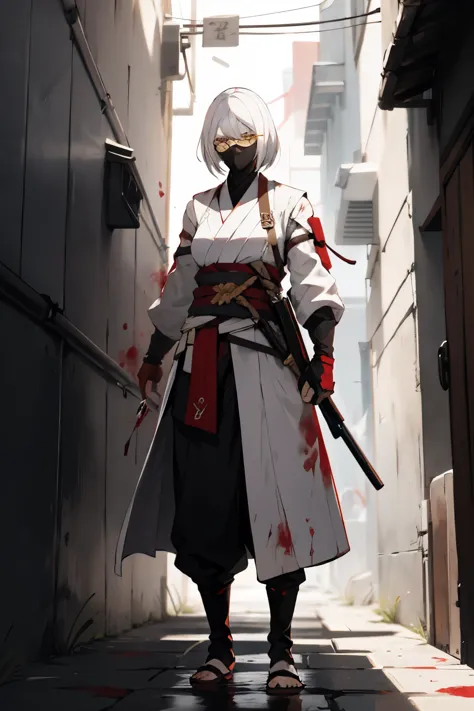 A white-haired woman with a serious face stood holding a gun against a wall in an alley, wearing a blood-stained white ninja out...