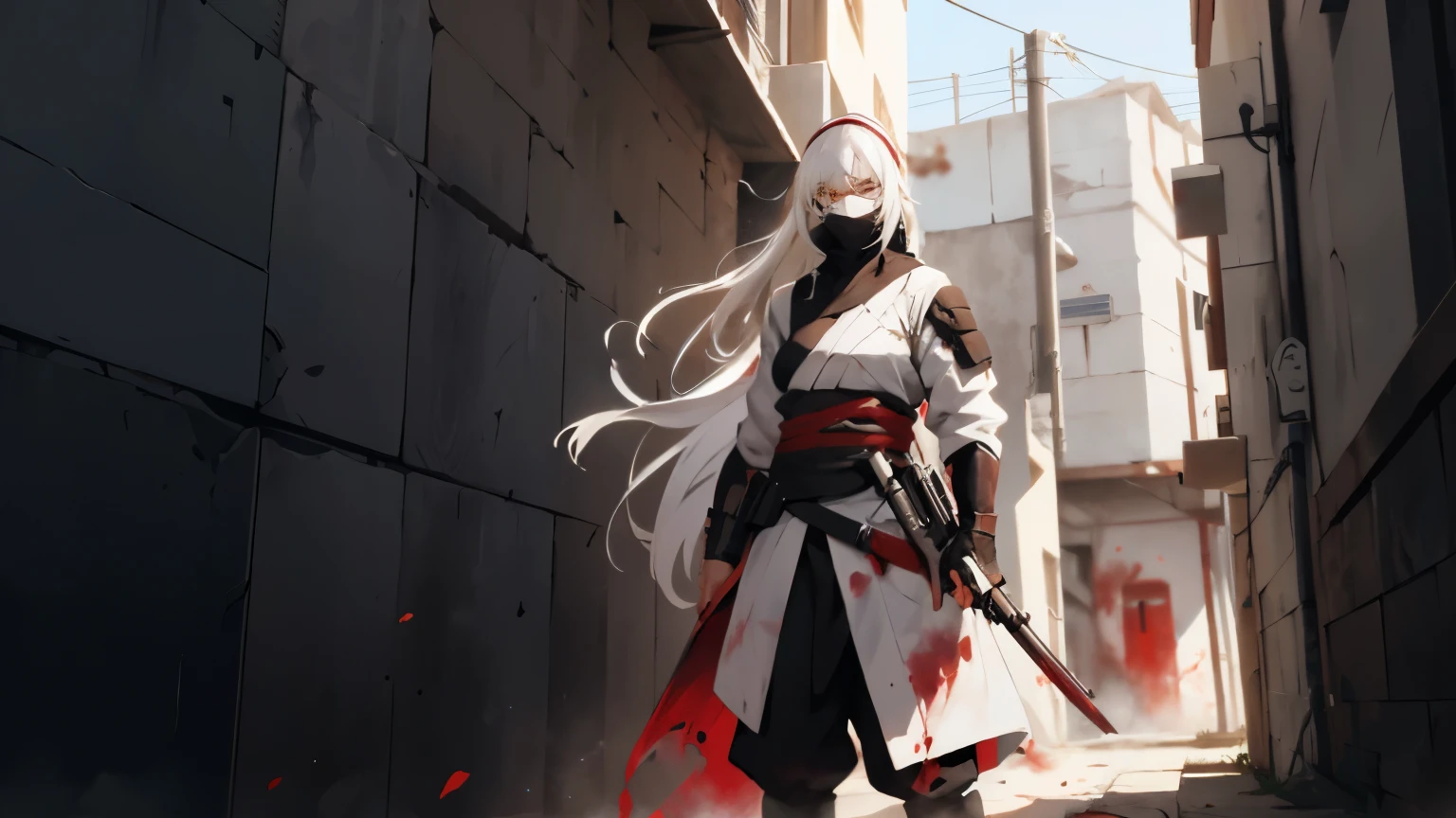 A white-haired woman with a serious face stood holding a gun against a wall in an alley, wearing a blood-stained white ninja outfit and round yellow-lensed glasses on her head, showing half of her body.
