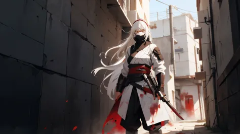 a white-haired woman with a serious face stood holding a gun against a wall in an alley, wearing a blood-stained white ninja out...