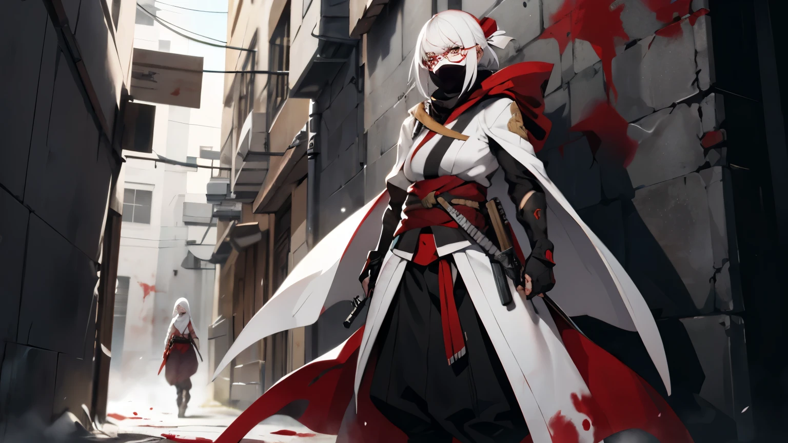 A white-haired woman with a serious face stood holding a gun against a wall in an alley, wearing a blood-stained white ninja outfit and round yellow-lensed glasses on her head, showing half of her body.
